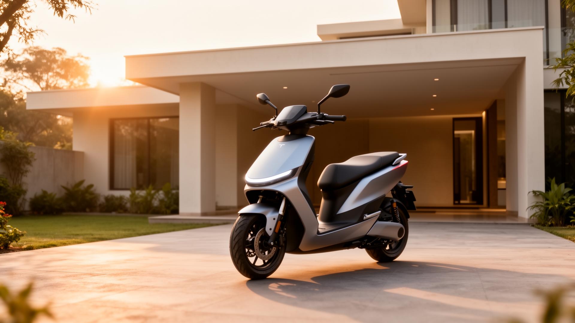 Premium electric scooter parked at a modern home at sunset